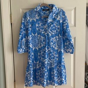Blue and White Patterned Dress 3/4 Sleeve
